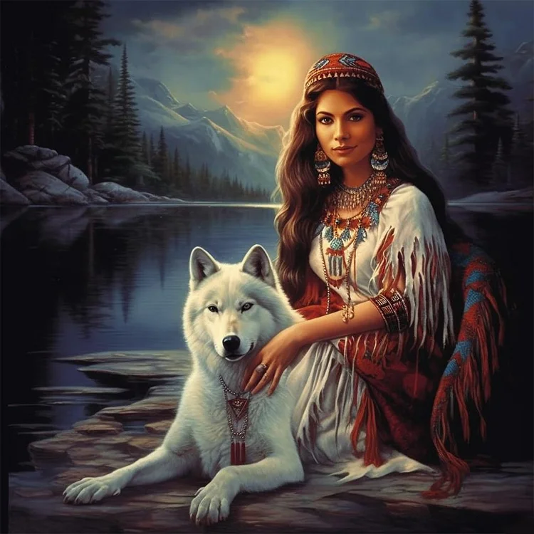 Indian Beauty And Wolf 30*30CM (Canvas) Full Round Drill Diamond Painting gbfke