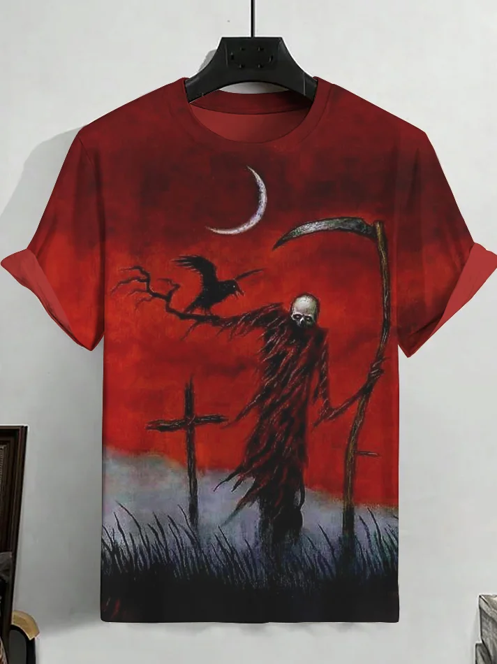 Men's Midnight Mysterious Skeleton Raven Print T-Shirt