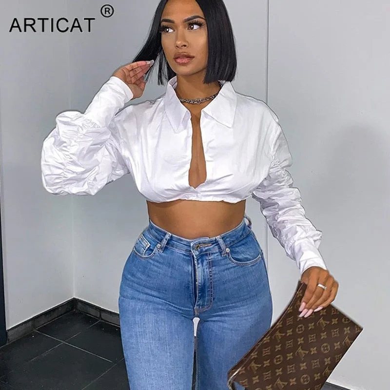 Articat Sexy Puff Sleeve Short T Shirt Women Fashion Slim Crop Top Female White Casual Party Club Women Streetwear Top