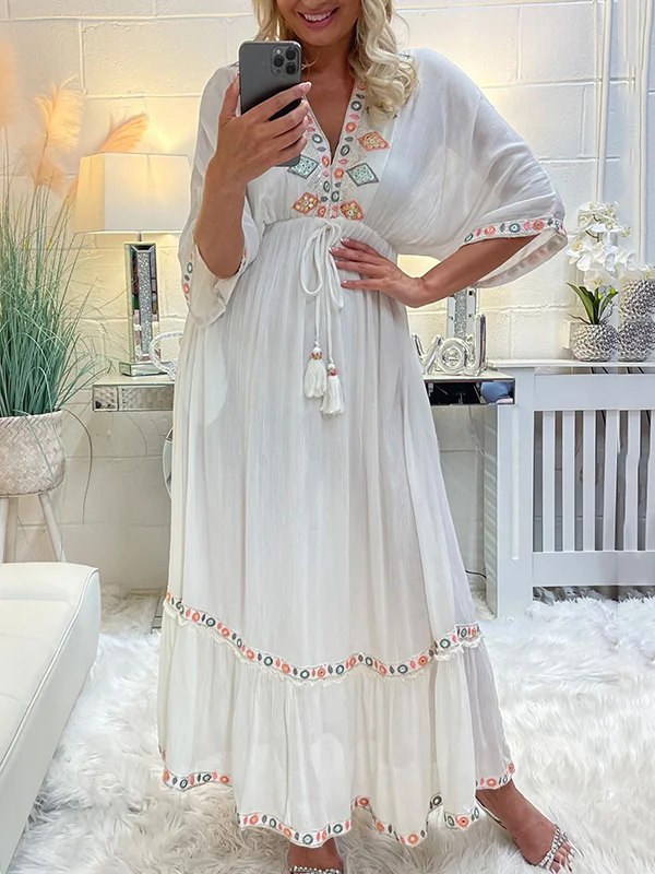 Flower-Embellished Drawstring Half Sleeves V-Neck Maxi Dresses