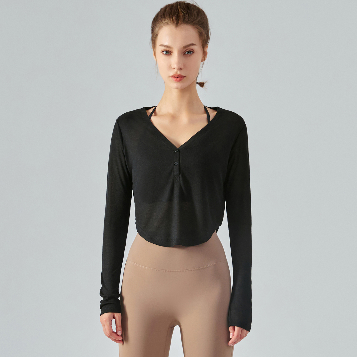 Buy Black v neck loose button lightweight thin see through running shirt of high quality on Hergymclothing