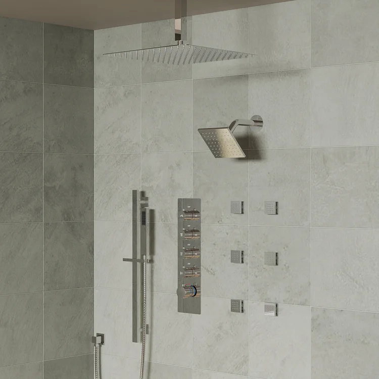 SFS-1031-CH16 Thermostatic Rainfall Shower System | 16" Ceiling-Mounted Head, 6 Body Jets & Handheld in Chrome