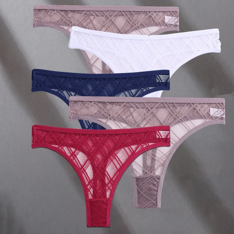 FINETOO 5PCS/Set Lace Sexy Women Thongs Floral Perspective G-string Lingerie Panties Low-Waist Femme Girls Underwear Mesh Pantys