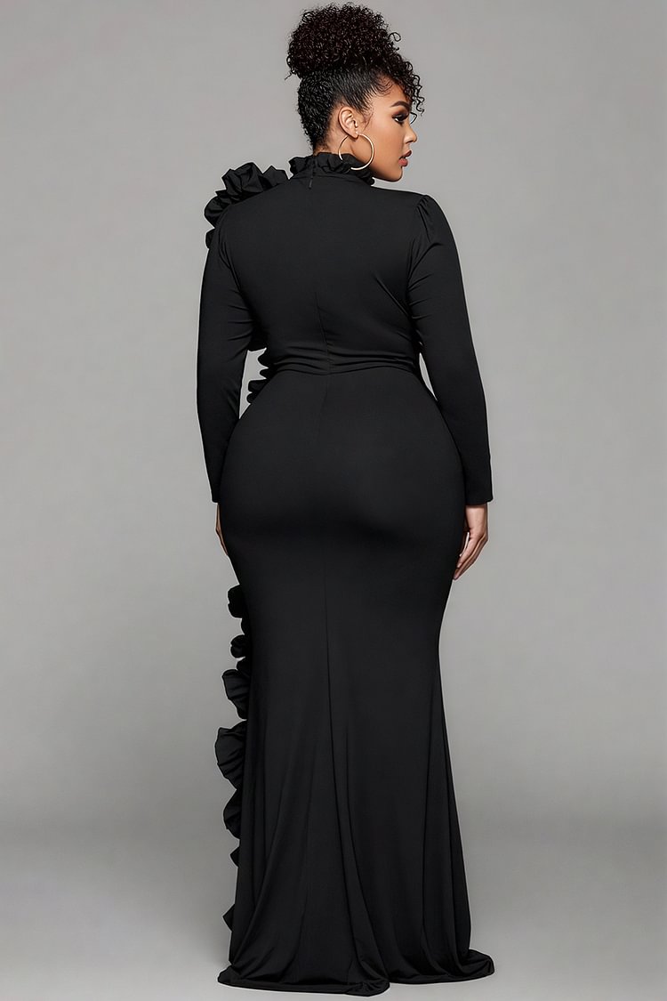 Xpluswear Design Plus Size Formal Black Round Neck Long Sleeve Split Elegant Ruffle 3D Satin Maxi Dresses [Pre-Order]