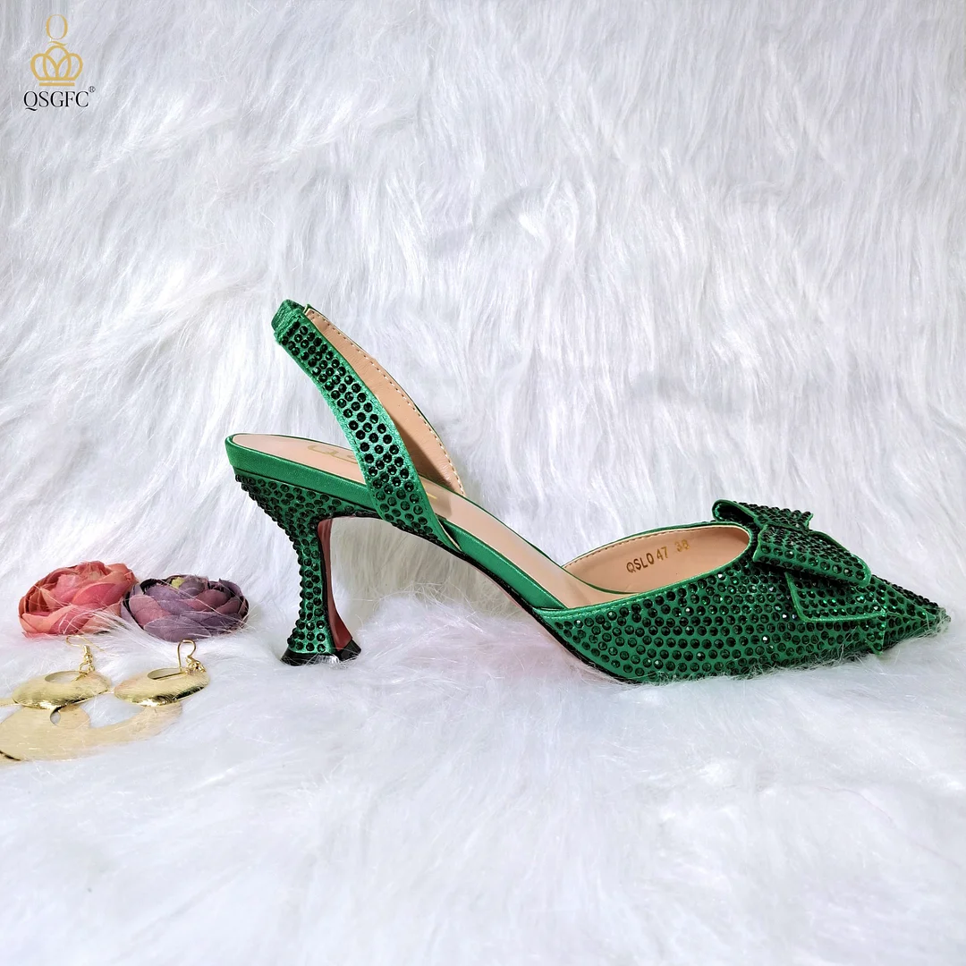 QSGFC Silver Nigerian Fashion Shaped High Heel Shoes Popular Design Pointed Ladies Shoes And Bags Wedding Party Shoes With Bag