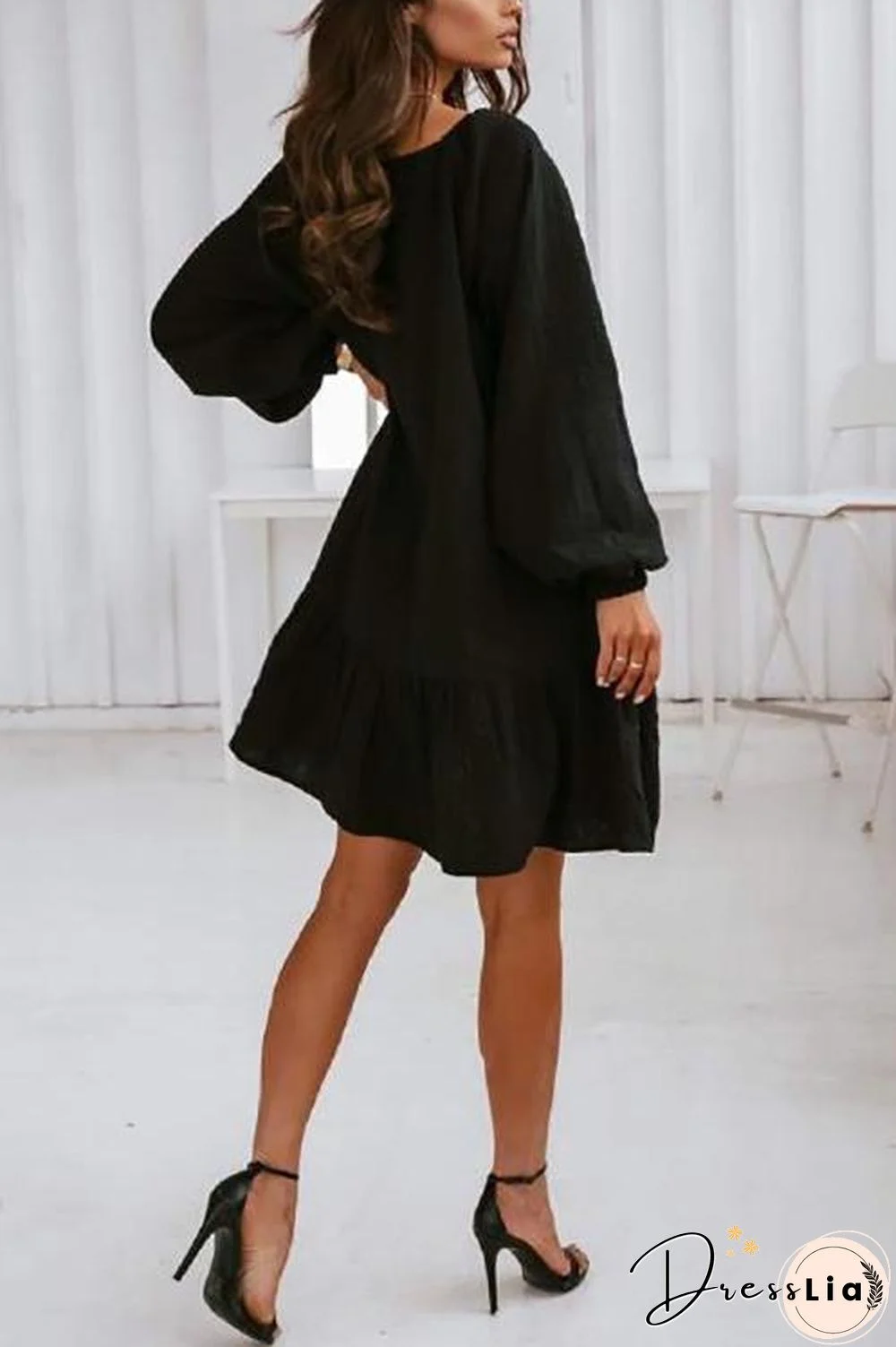 Linen Lace Up Puff Sleeve Mini Dress