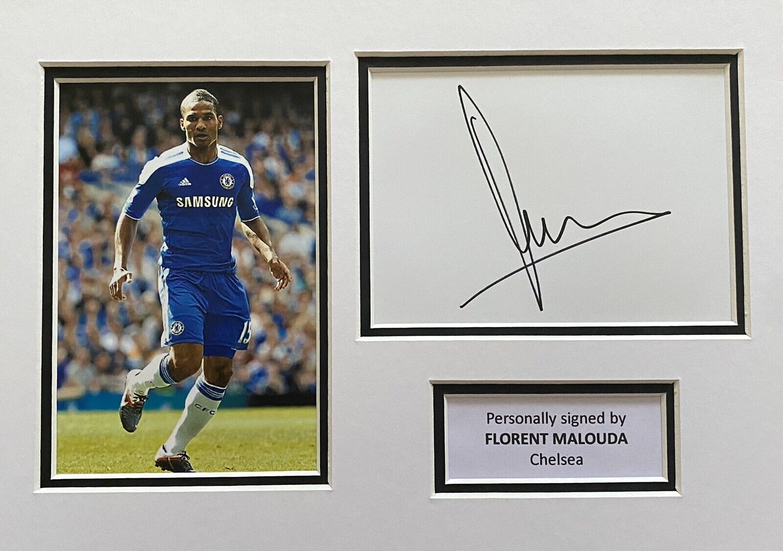 Florent Malouda Hand Signed White Card In A4 Chelsea Mount Display