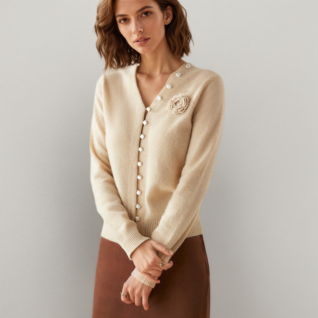 Women's Cashmere V-Neck Cardigan with Pearl Buttons REAL SILK LIFE