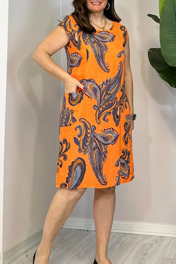 Short Sleeve Round Neck Pattern Printed Linen Midi Dresses [Pre Order]