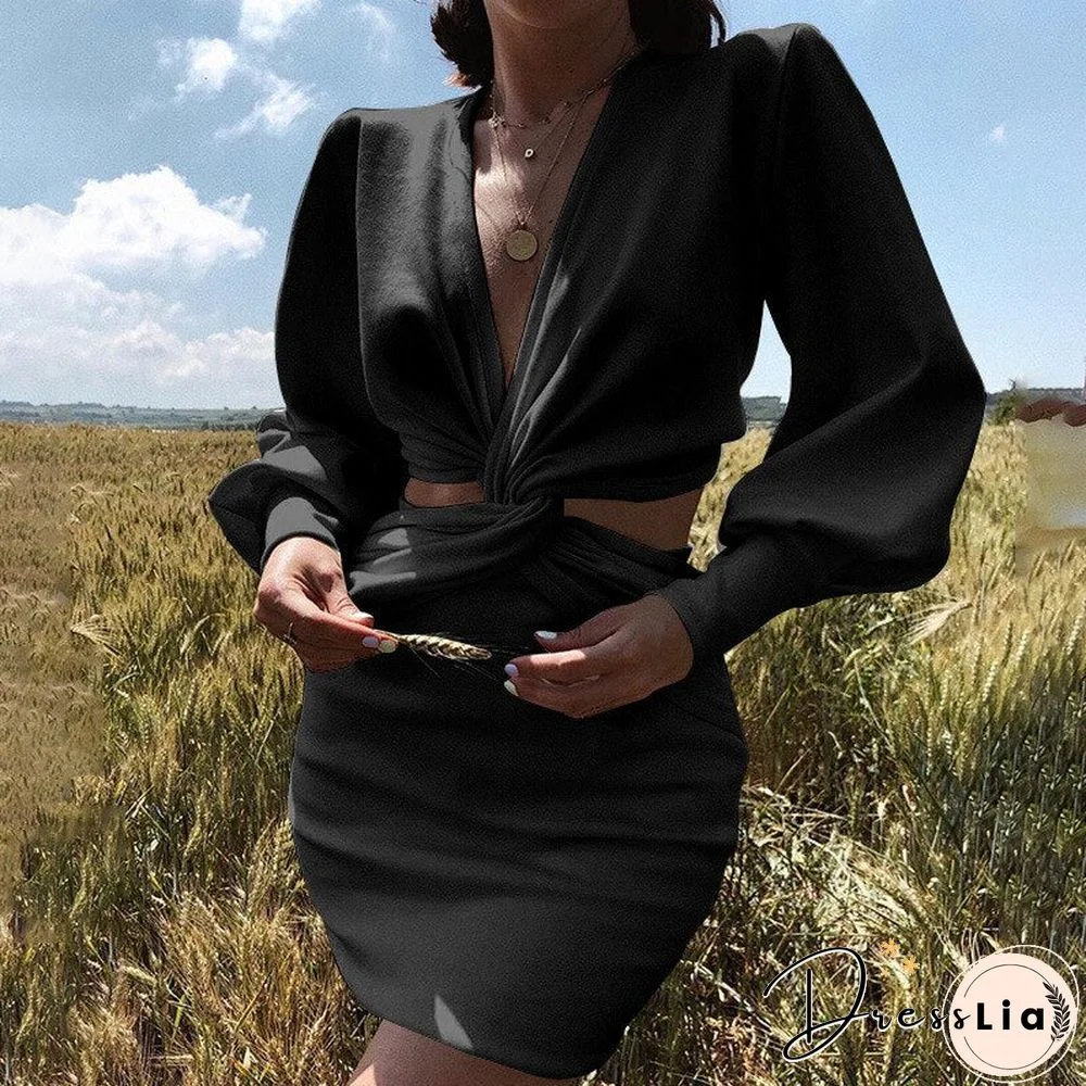 Women Fashion Cross Dress Deep V Neck Slim Solid Party Elegant Office Lady Sweet Bodycon Mini Dress Autumn Hollow Sexy Dress