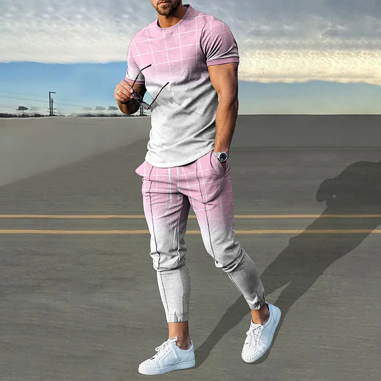 BrosWear Gradient Pink Check Print T-Shirt And Pants Co-Ord