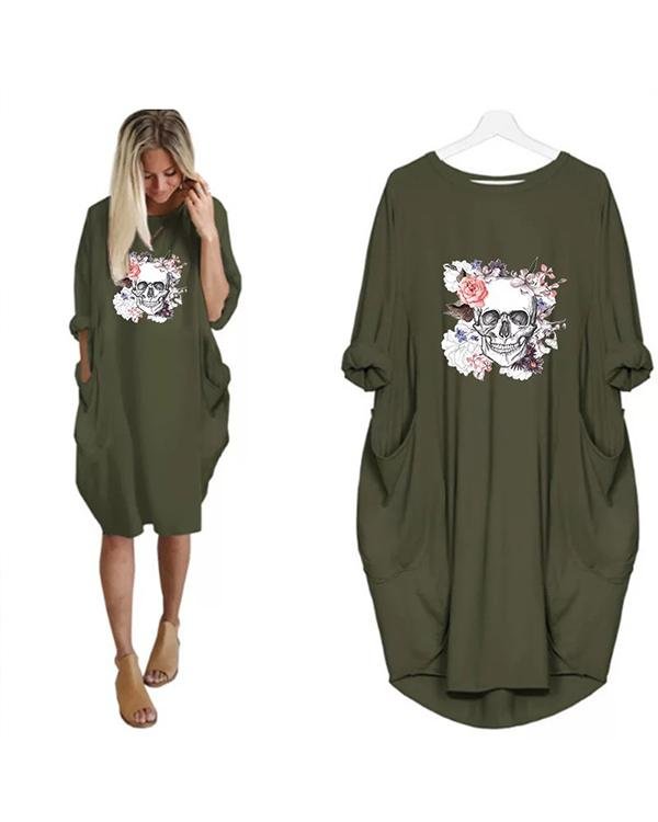 Women Skull Printed Casual Irregular Plus Size Dress