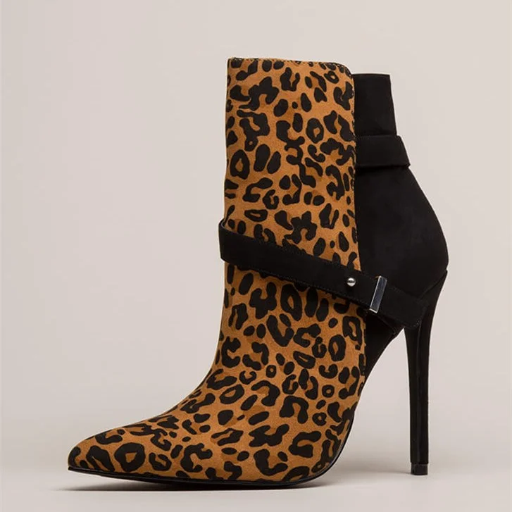 Black Leopard Print Boots Stiletto Heel Ankle boots |FSJ Shoes