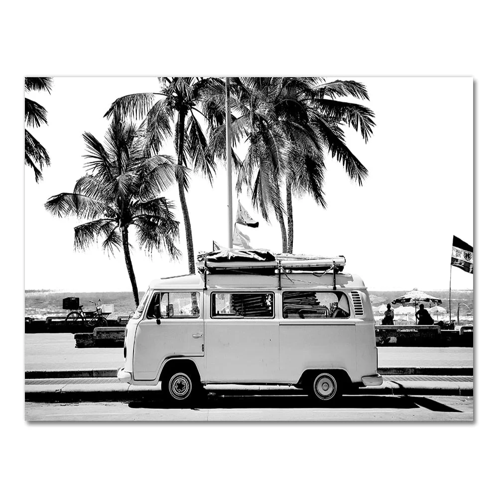 Camper Van Beach Surf Print Palm Tree Art Canvas Painting Black and White Photography Ocean Poster Boho Decor for Living Room