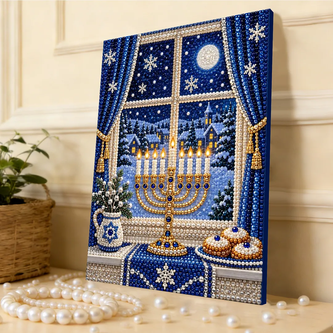 Framed Pearl Painting Kit Hanukkah Menorah 11.81x15.75in