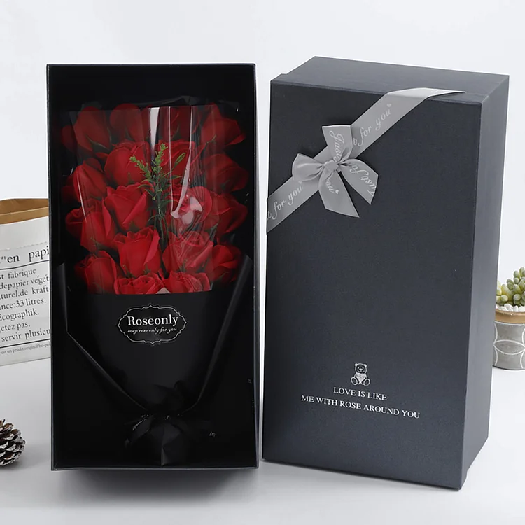 18 Roses Black Gift Box With Bow And Ribbon Everlasting Flower