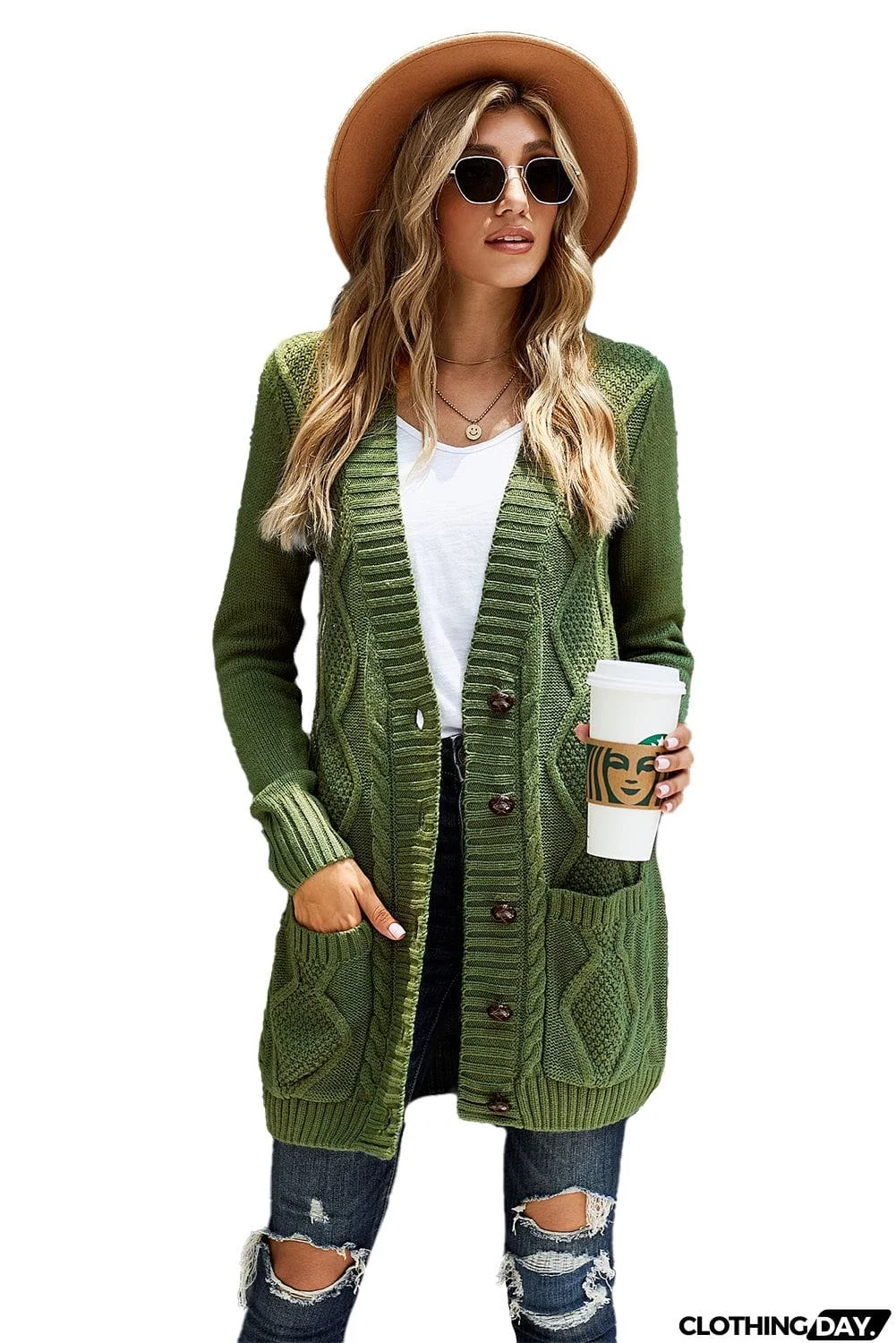 Green Front Pocket and Buttons Closure Cardigan
