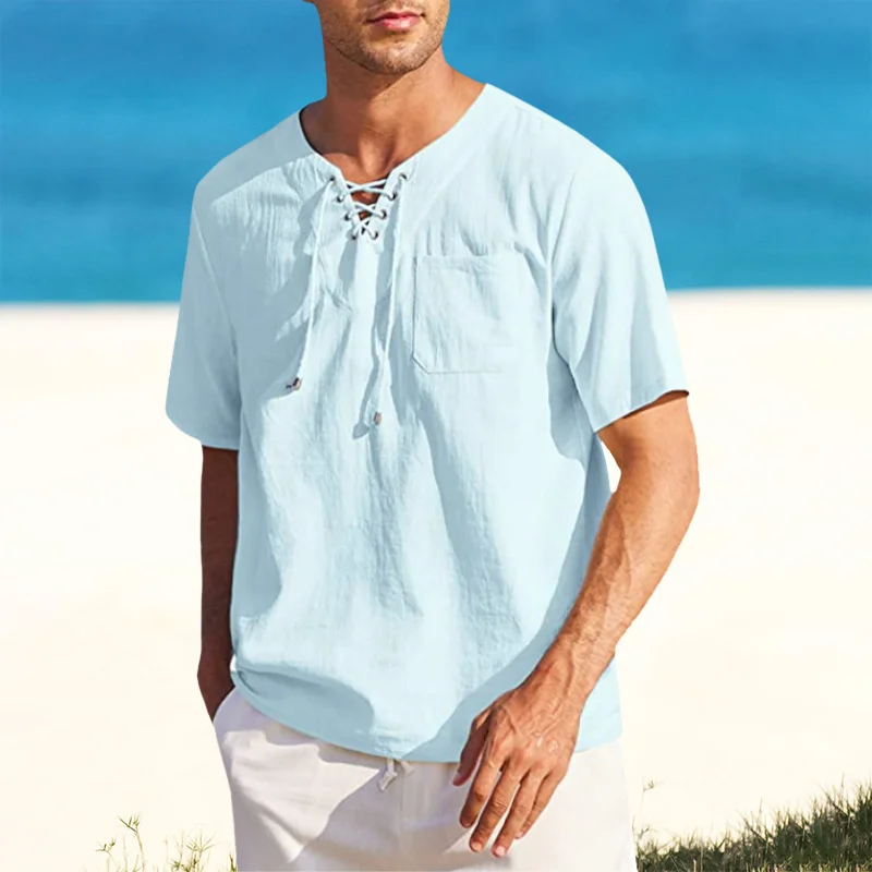 Men's Tie Pocket Loose V-Neck Solid Short Sleeve Shirt-inspireuse