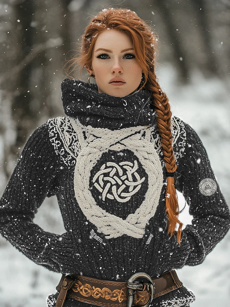 VChics Women's Viking Tribal Jacquard Celtic Inspired Chunky Knit Hooded Sweater