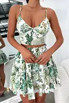 Cami Deep V Neck Floral Print Backless Crop Top Tiered Pleated Mini Skirt Matching Set [Pre Order]