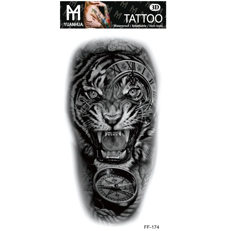 Sdrawing Forest Tattoo Sticker for Men Women Children Tiger Wolf Death Skull Temporary Tattoo Fake Henna Skeleton King Animal Tatoo