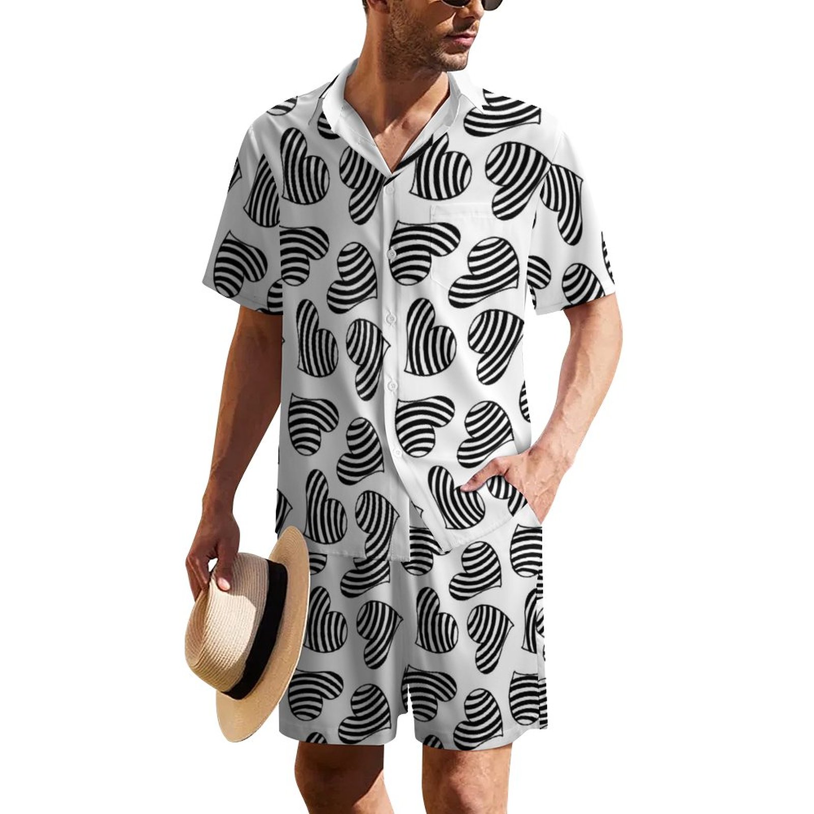 Artsy Black And White Heart Shape Zebra Pattern | Men's Summer Hawaiian Matching Set | Hawaiian Golf Shirts Men's Hot Rod Hawaiian Shirts Performance Button Down Shirts Resort