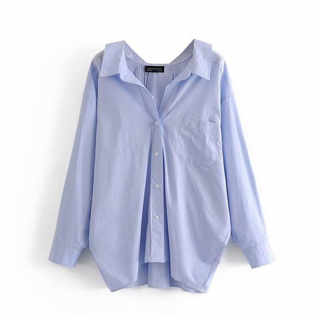 Evfer Women Casual Za Blue Loose Poplin Shirts Oversize Tops Ladies Fashion Long Sleeve Single Breasted Turn-down Collar Blouse