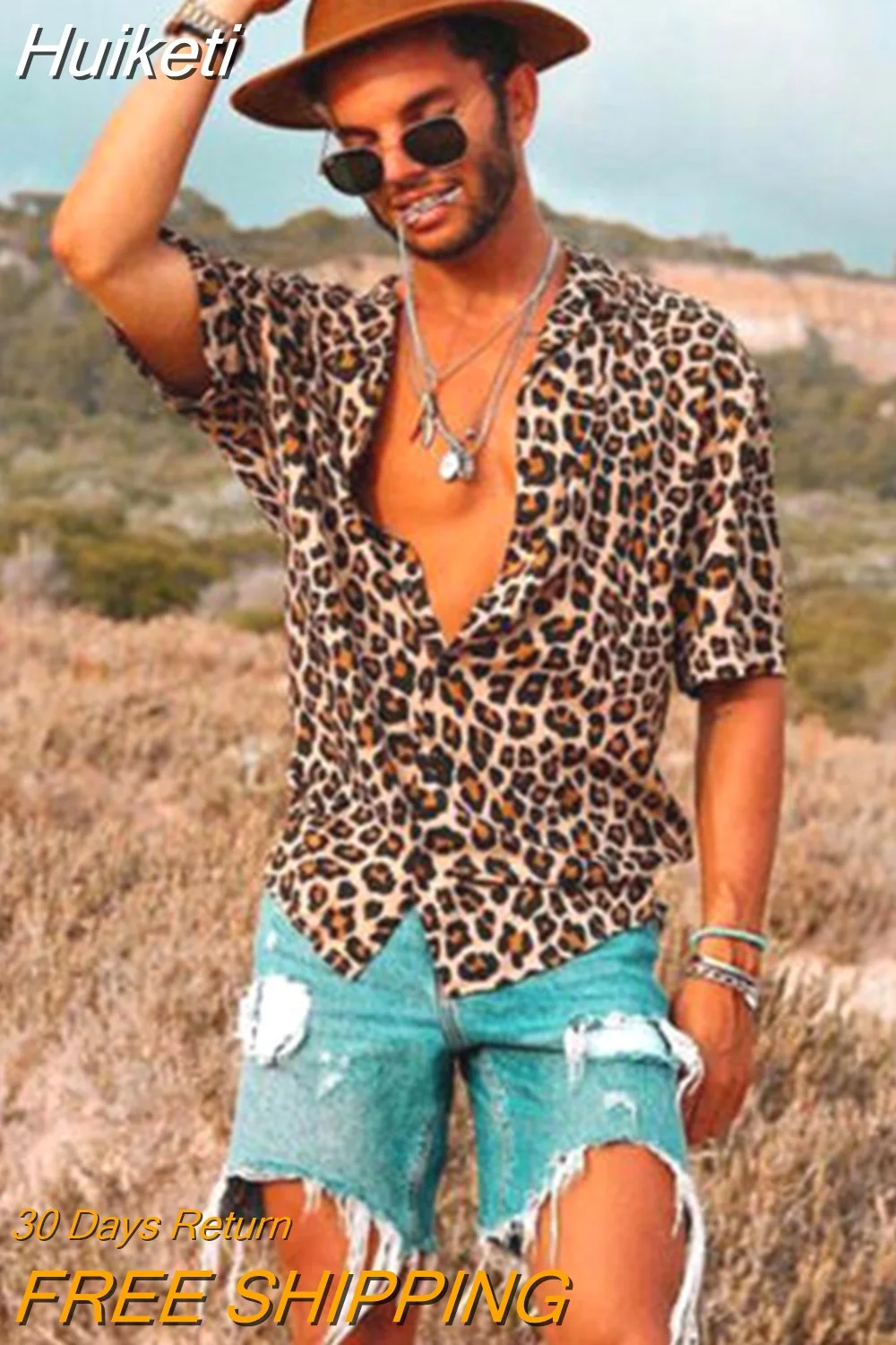 Huiketi Men Leopard Print V-neck T-Shirts Casual Tshirt Shorts Sleeve Tops Summer Holiday Streetwear T Shirt Plus Size S-3XL