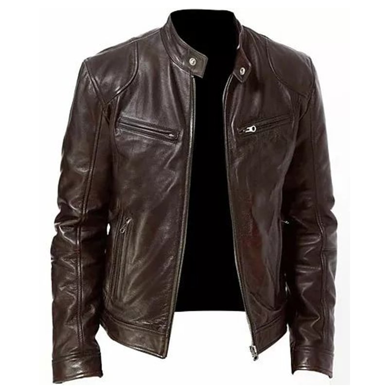 Rogoman Men's Stand Collar Solid Color Faux Leather Biker Jacket Thermal Warm Windproof