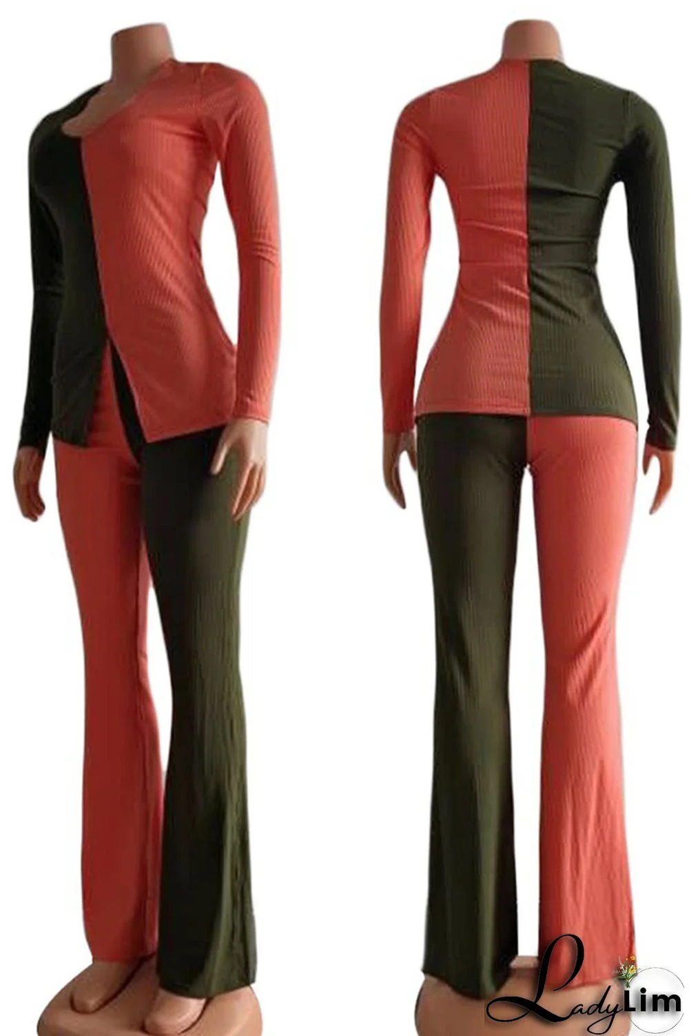 Red Blue Casual Solid Split Joint Slit U Neck Long Sleeve Two Pieces