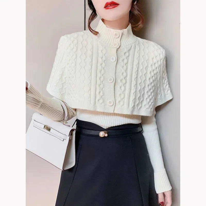 Tanguoant Temperament Cape Knit Two Piece Set Women New Fashion V Neck Long Sleeve Pullover Sweater Stand Collar Knit Cardigan Shawl Suits
