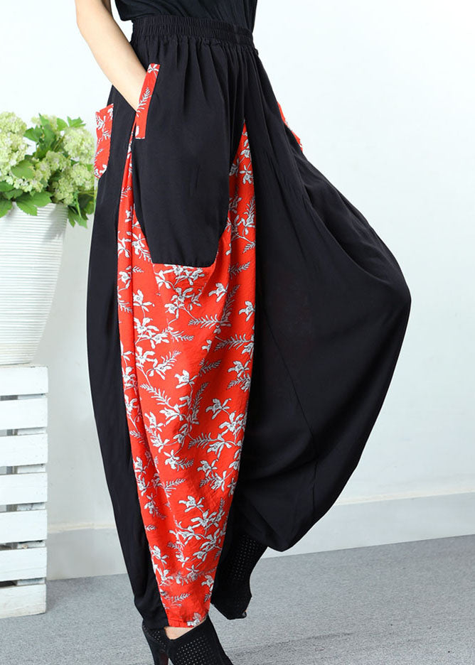 VCSHOES Black Patchwork Orange Pockets Print Spring Pants