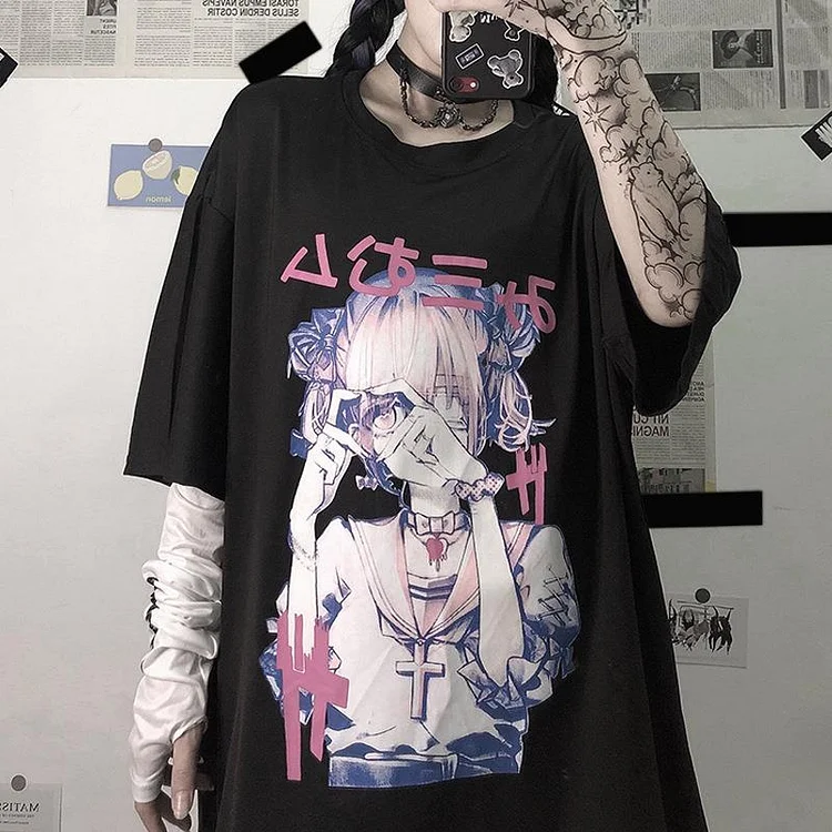 Harajuku Style Gothic Oversize Anime T-shirt - Gotamochi Kawaii Shop, Kawaii Clothes