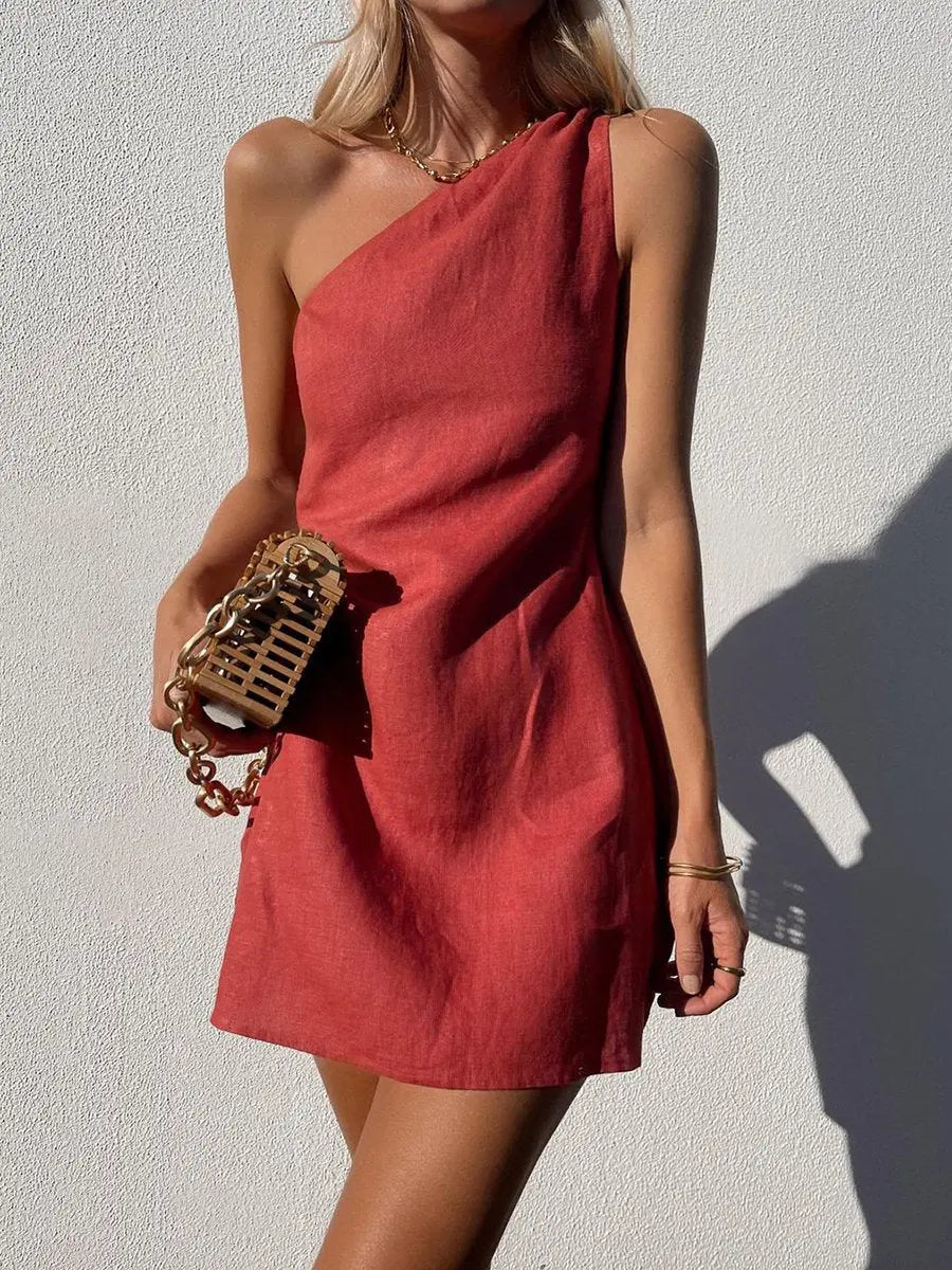 Sloping Shoulder Sleeveless Linen Short Dress