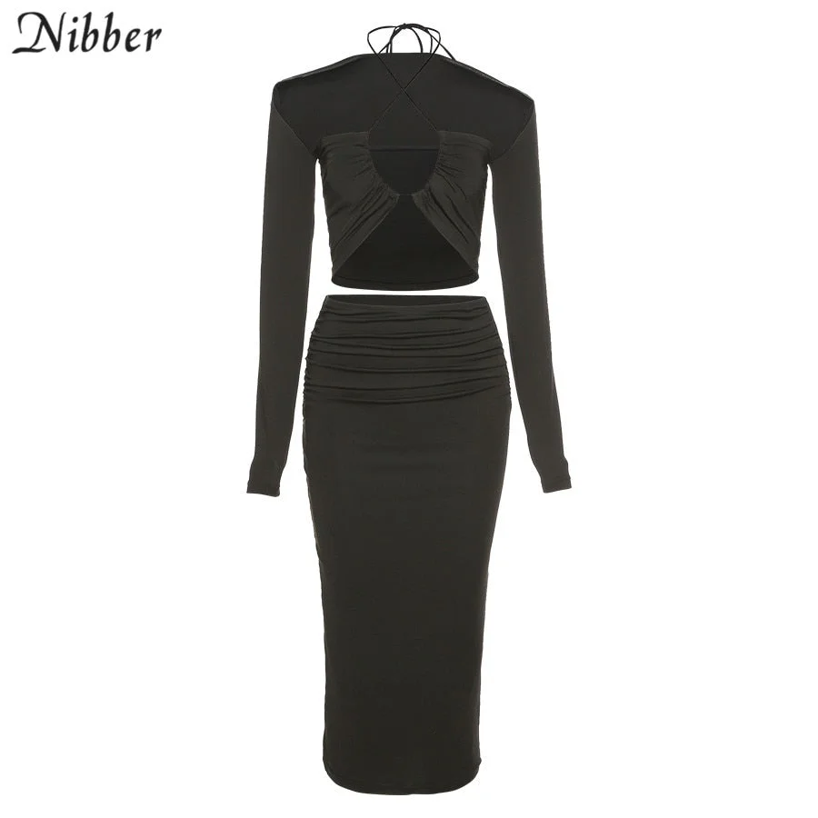 Nibber 2021Summer Solid Color Sexy Hollow Long Sleeve Backless Camisole Elegant Midi skirt 2 Two Piece Sets Womens