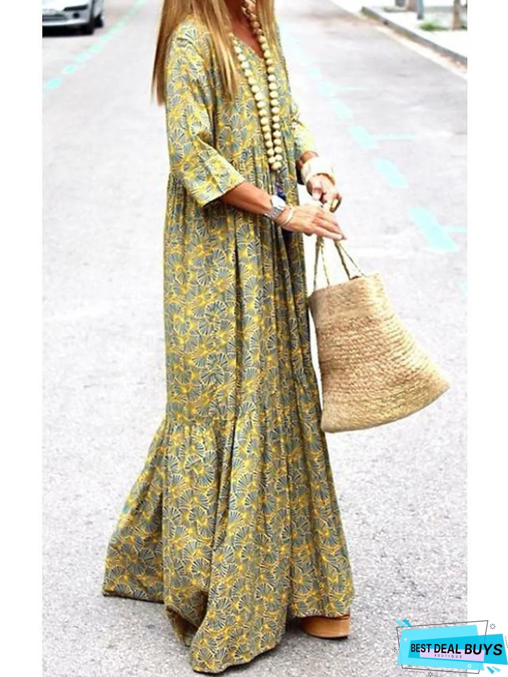 Women's Swing Dress Maxi Long Dress 3/4 Length Sleeve Print Summer Casual Green
