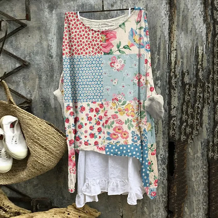Flower Patchwork Painting Art Flowy Tunic