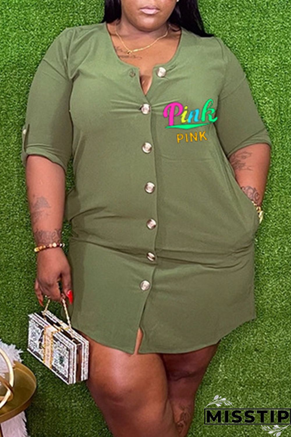 Black Casual Print Patchwork Buckle O Neck Straight Plus Size Dresses