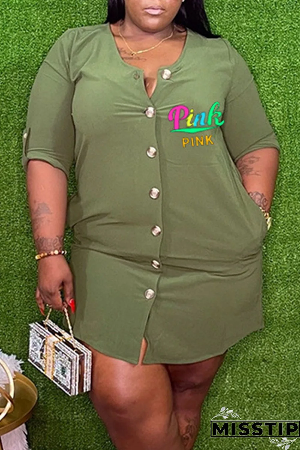 Black Casual Print Patchwork Buckle O Neck Straight Plus Size Dresses