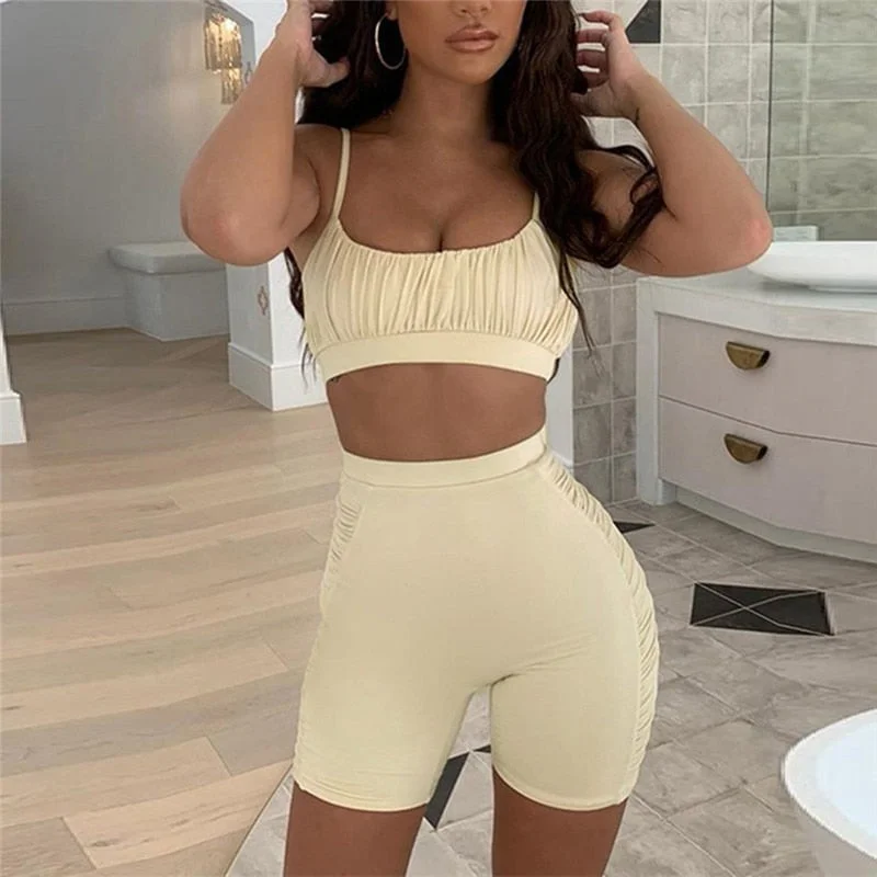 2020 Summer Women Neon Color Two Pieces Set Off Shoulder Hollow Out Crop Top Elastic High Waist Shorts Outfit Tracksuit