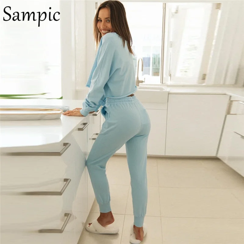 Sampic Fashion Women 2020 Winter Sport Sets O Neck Long Sleeve Shirt Tops And Skinny Pants Set Two Piece Set Bottom Suit Outfits