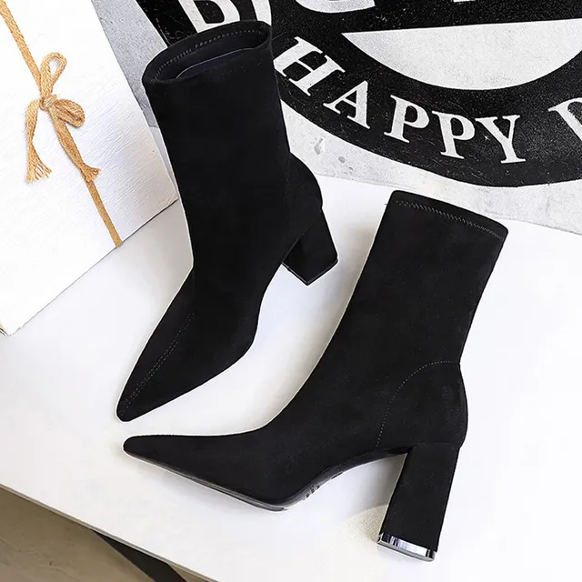 Shoes High Heel Boots Suede Women Ankle Boots Pointed Toe Socks Boots Thick Heel Women Shoes Warm Winter Boots Size 43 