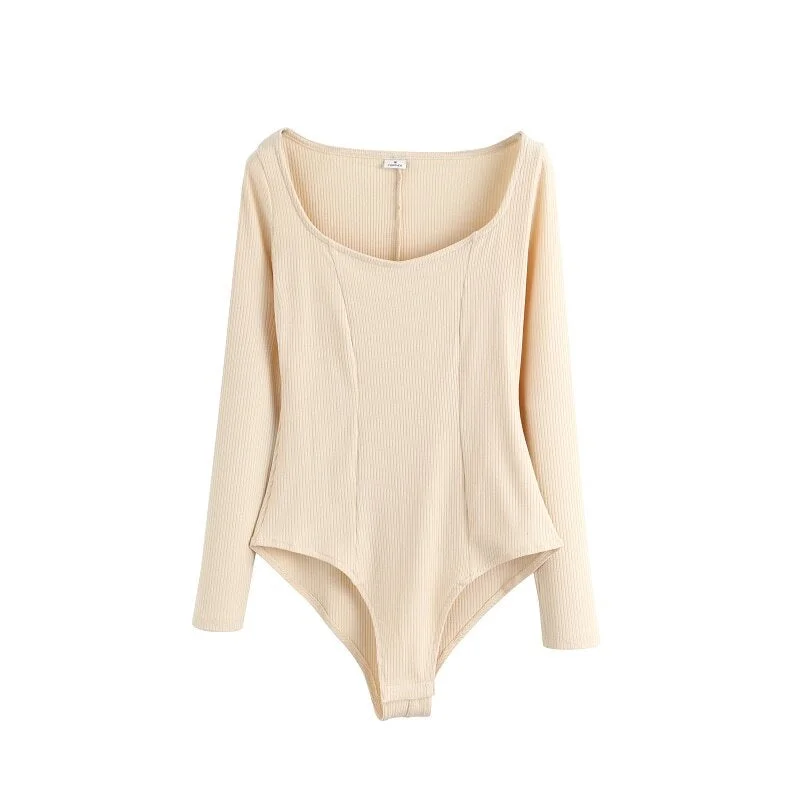 Toppies Sexy Slim Knitted Bodysuits Woman Long Sleeve Tops Deep U Collar Overalls Mesh Bodysuit