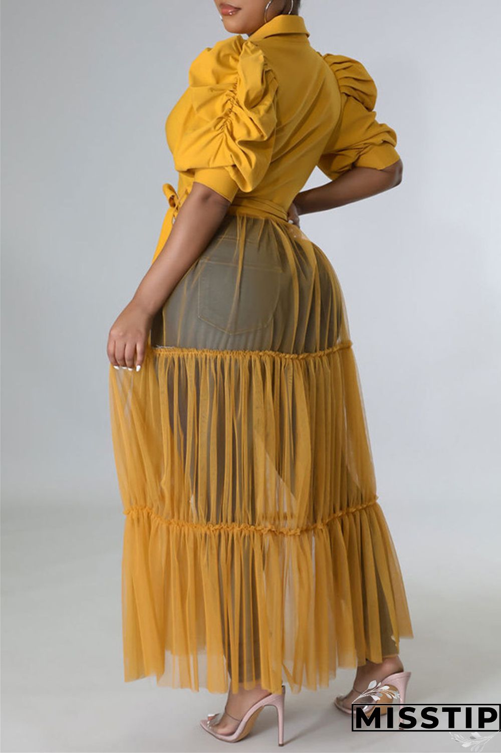 Yellow Fashion Casual Solid Patchwork Mesh Turndown Collar Shirt Dress