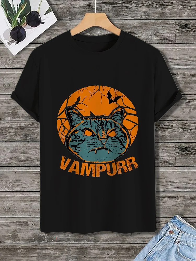 Men's Vampurr Horror Cat Graphic Print Cotton Casual T-Shirt