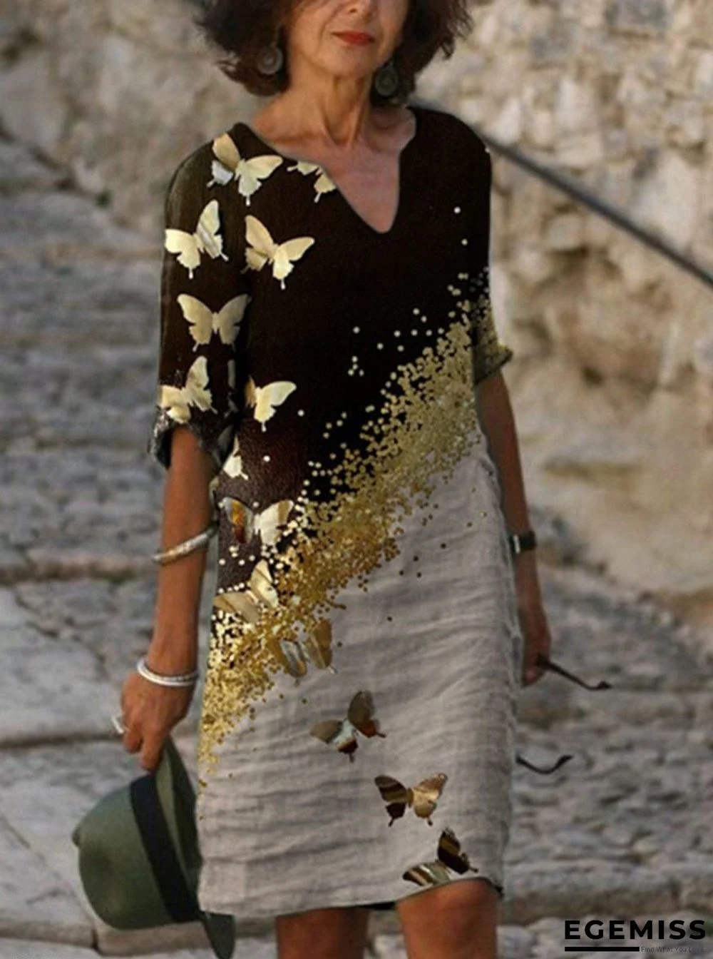 Fashion V-neck Short-sleeved Butterfly Print Dress | EGEMISS