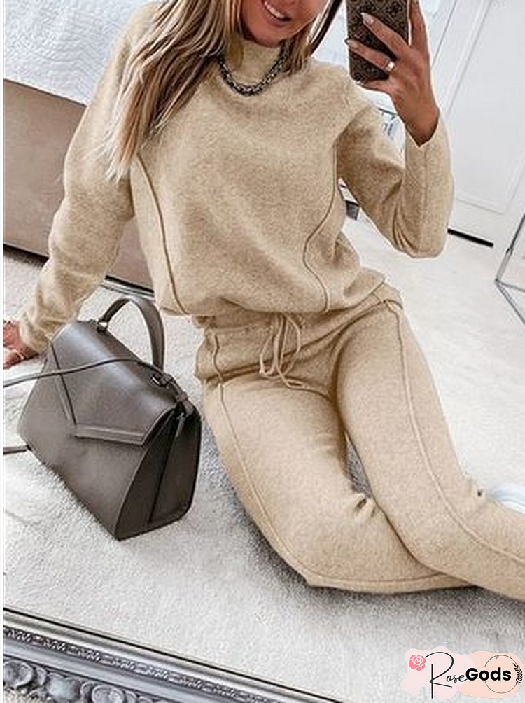 Plain Turtleneck Casual Two Piece Sets