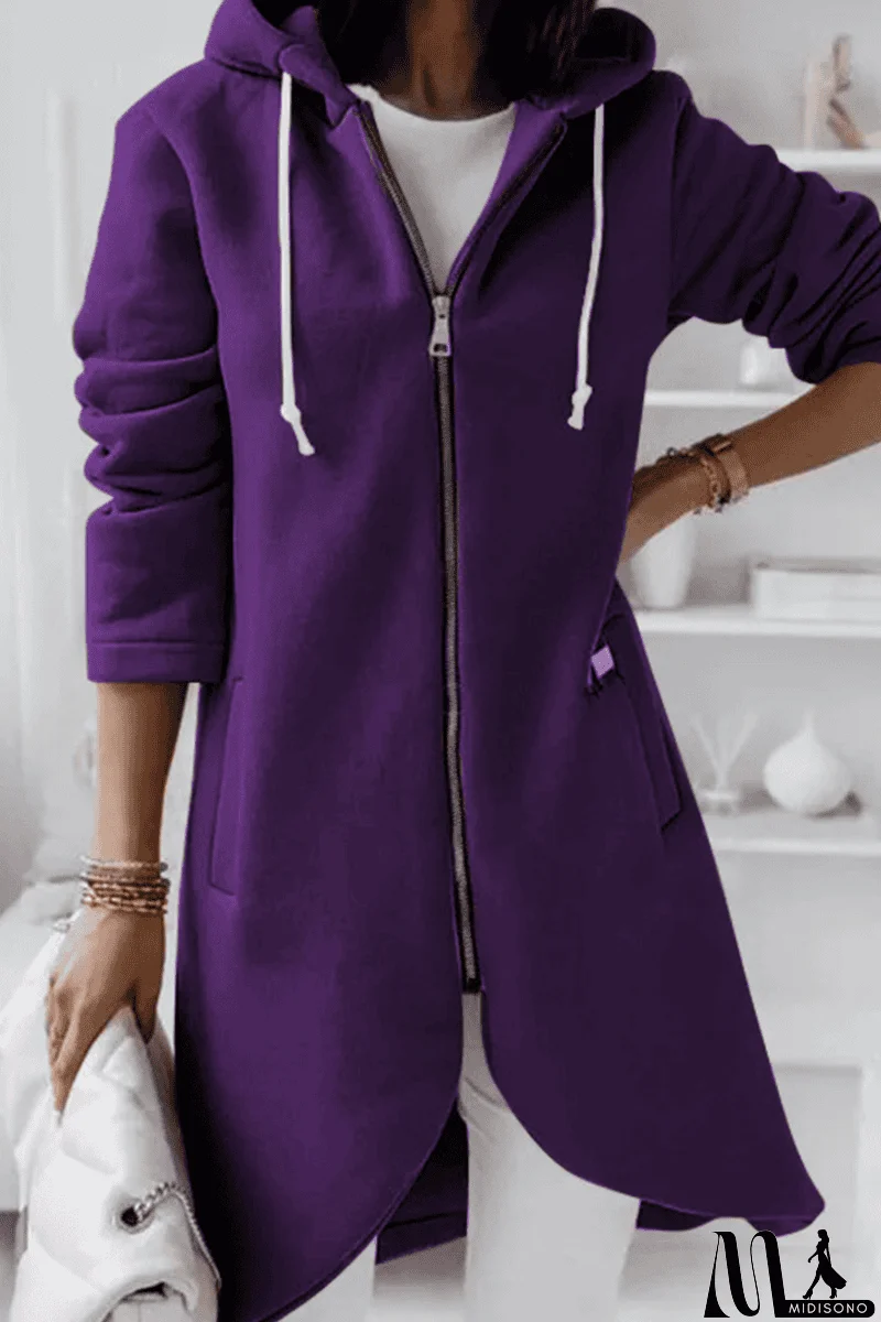MidiSono - Casual Solid Draw String Zipper Hooded Collar Outerwear(8 Colors)