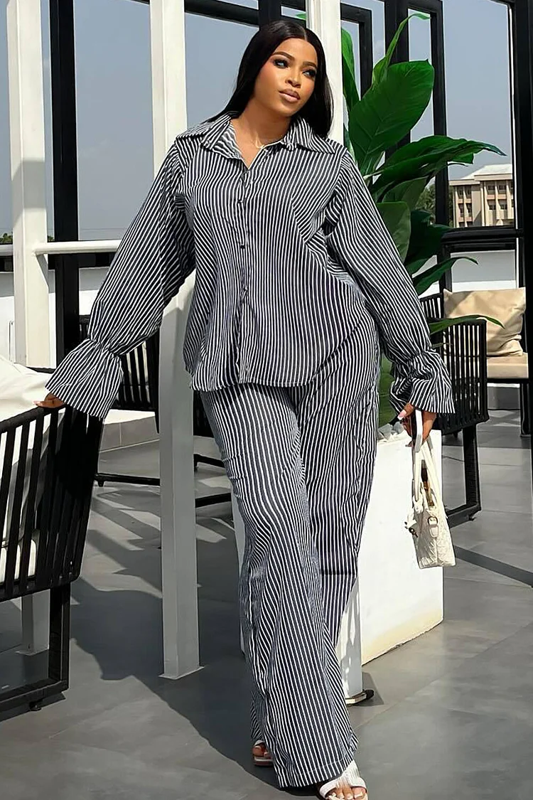 Striped Print Flare Sleeve Blouse Wide Leg Pants Casual 2pcs Set-Black