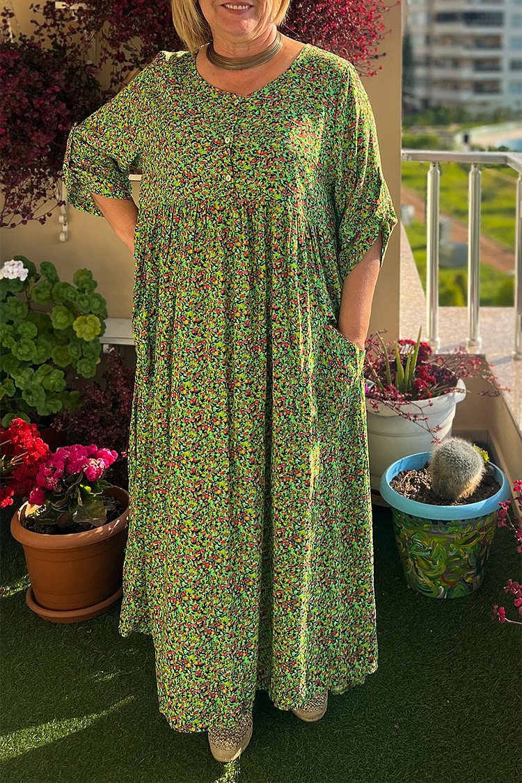 Roll Sleeve Floral Printed Linen Pocket Loose-Fit Maxi Dresses [Pre Order]